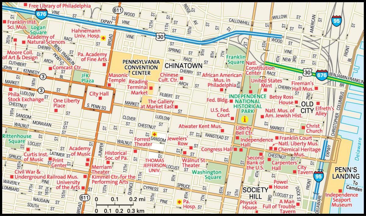 kaart van die sentrum van Philadelphia