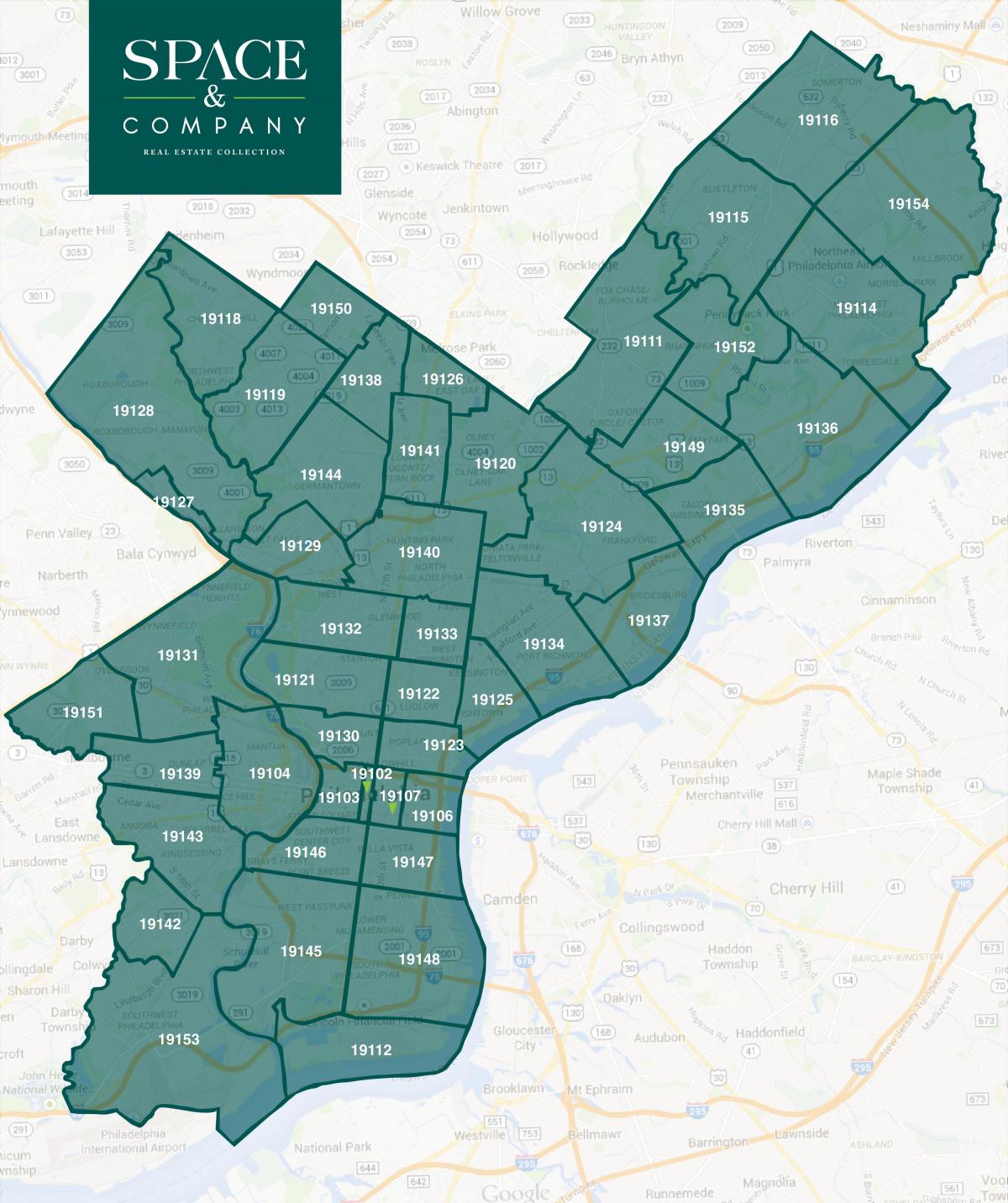 kaart van die sentrum van die stad Philadelphia poskode